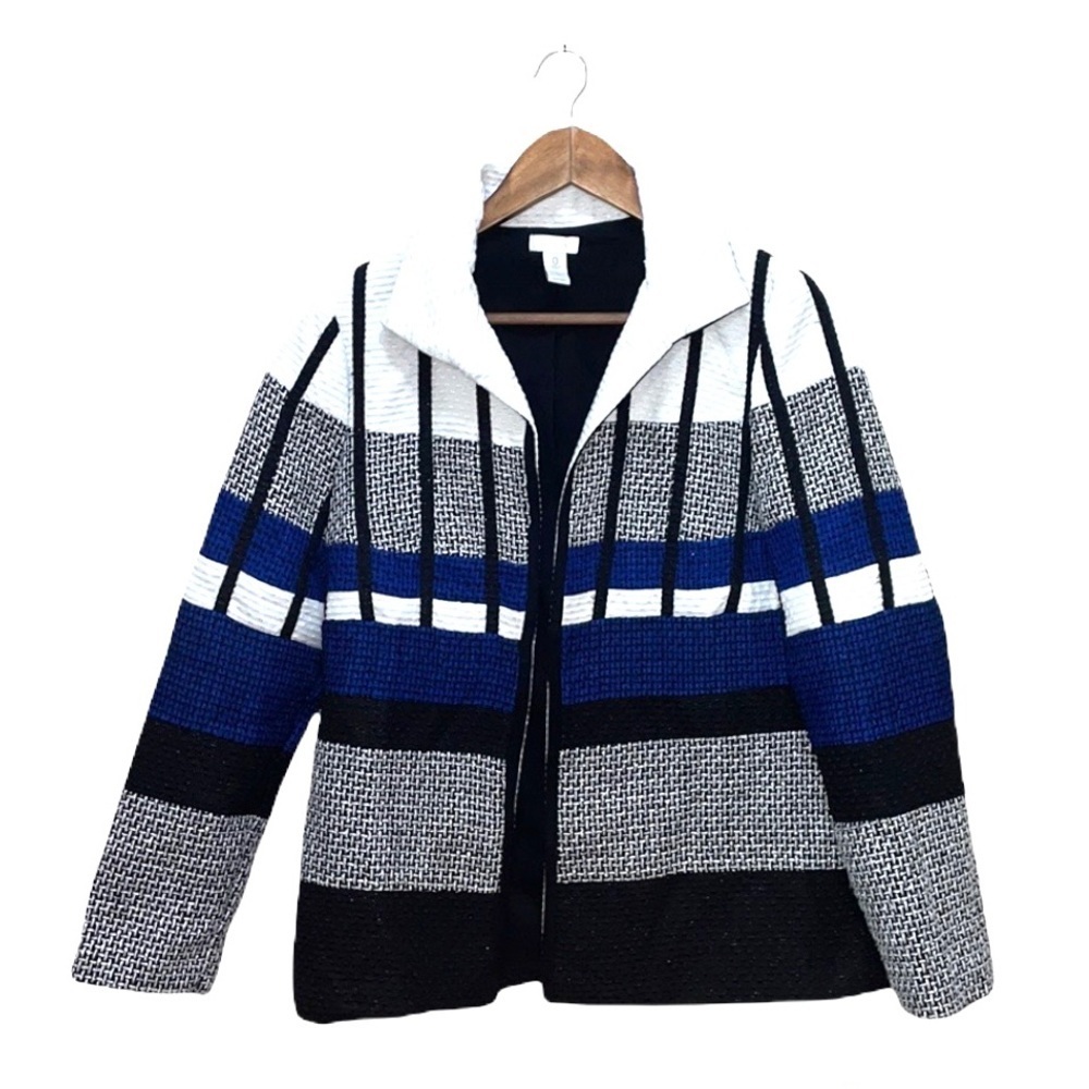 Chico’s Black Blue White Graphic Blazer Jacket Open Front Career Casual Size 0 S